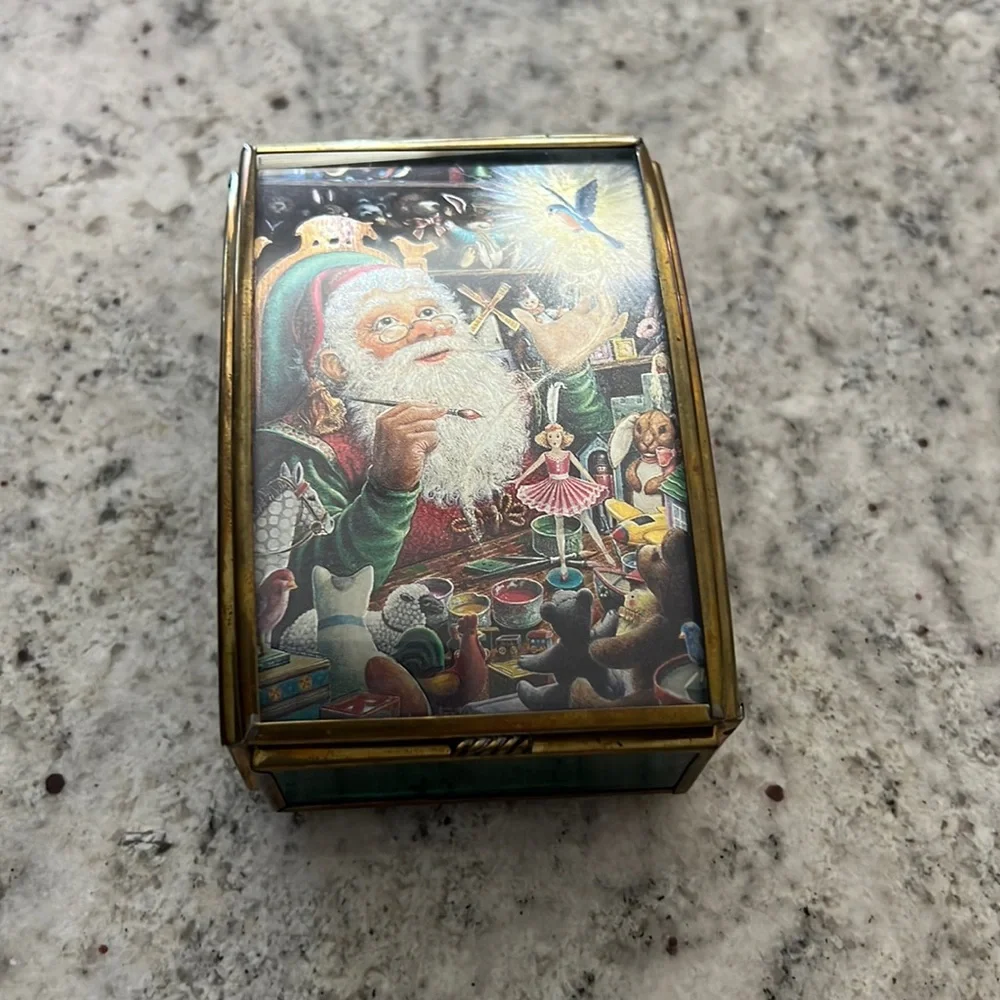 Vintage Etched Christmas Santa Toy Shop Trinket Box